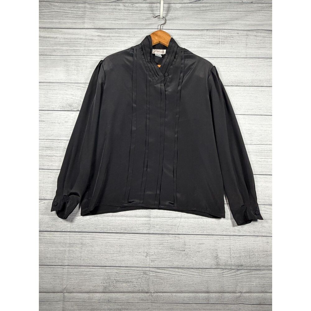 Vintage Attitudes Womens 12 Black Pleated Long Sleeve Blouse 100% Polyester 4144